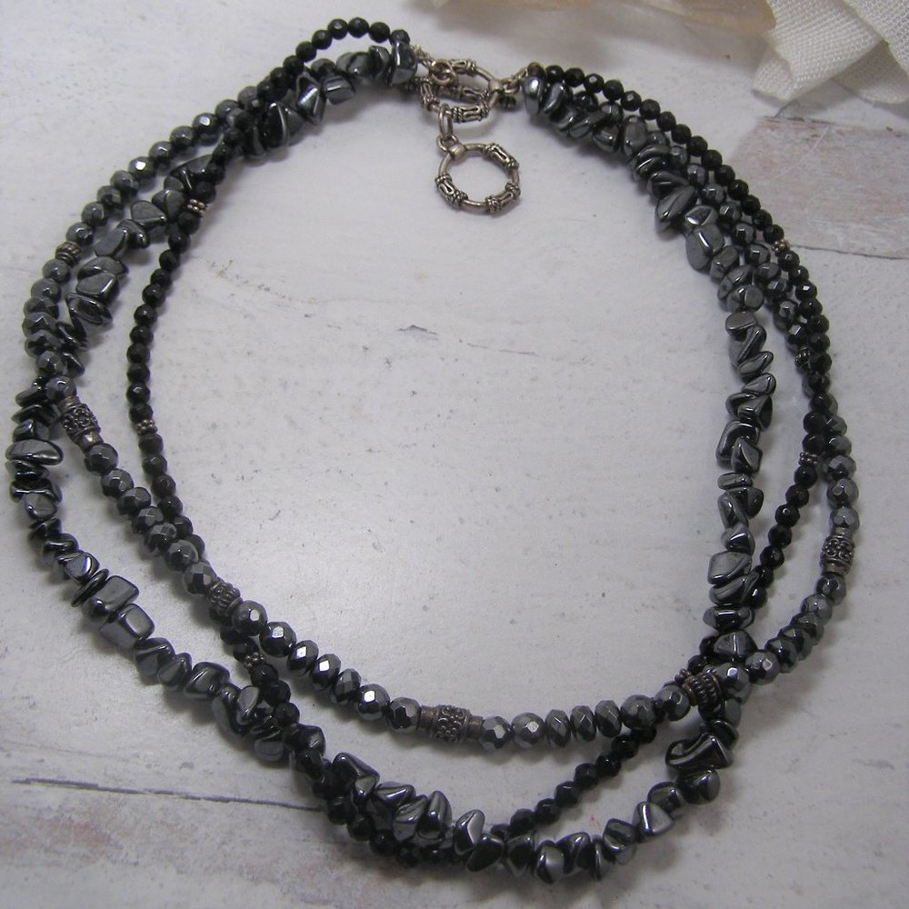 Silpada Sterling Clasp Black Hematite Gray Bead necklace Triple Strand Box